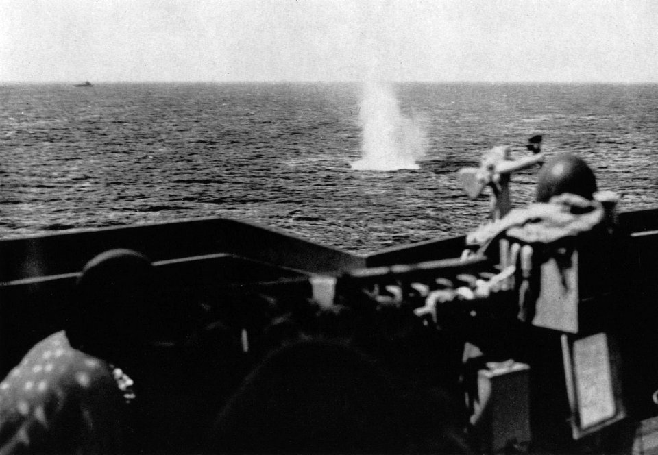 German shell explodes near USS Quincy (CA-71) during the invasion of Southern France, in August 1944