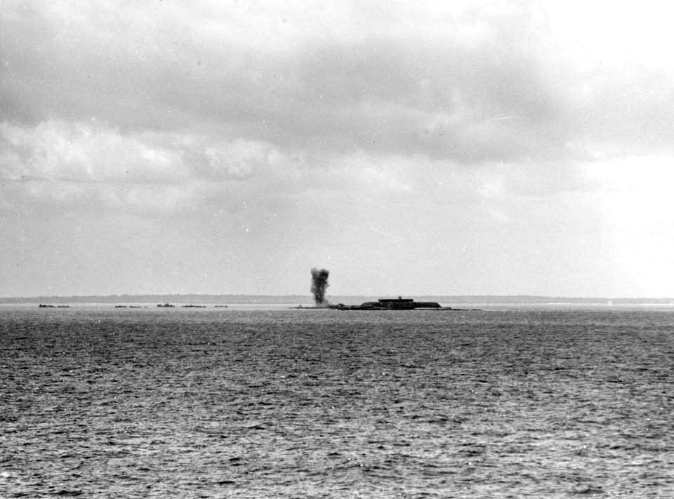 German shell explodes on the Îles Saint-Marcouf, Normandy, France, on 6 June 1944 (80-G-231643)