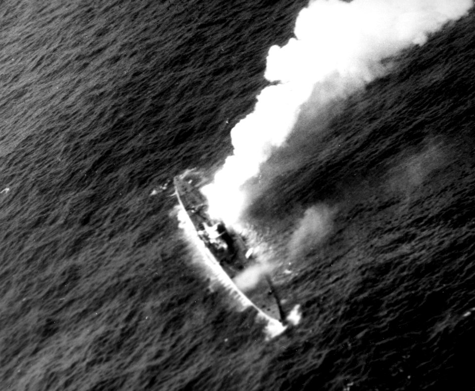 German submarine U-515 afire and sinking on 9 April 1944 (80-G-227198)