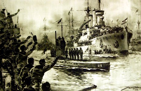 German submarine U-9, on return Wilhelmshaven, Germany, Artwork by Willy Stower, 1914 (30175417300)