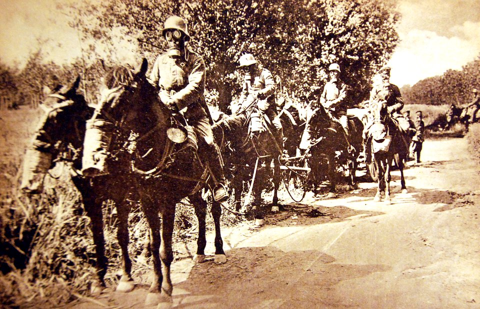 German troops on horses with gas masks passing a gasified forest, Aisne and Marne, WWI (29126546110)