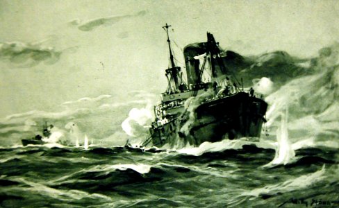 German U-Boat battles an armed merchant ship, artwork by Willy Stower, 1917 (33094644745)