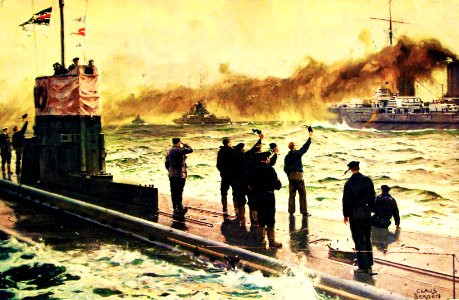 German U-boat welcomes returning reconnaissance ships, artwork by Claus Bergen, WWI (30175416620)