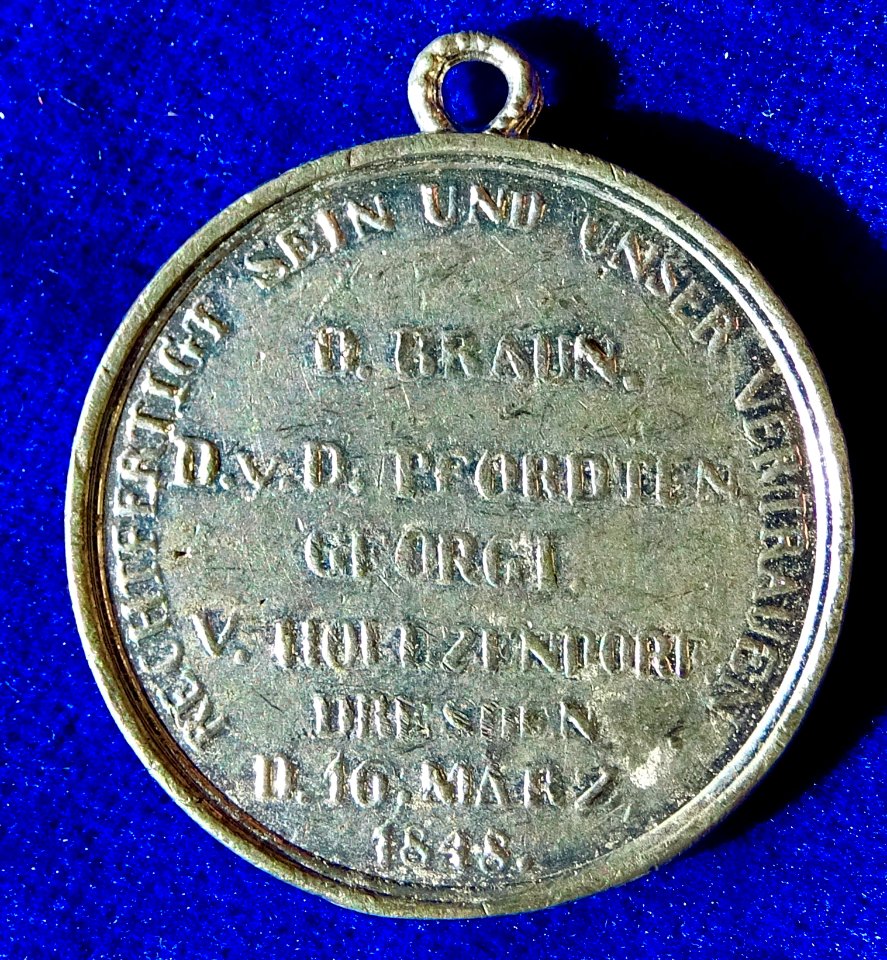 German State Saxony March Revolution Medal Braun Government 1848, reverse