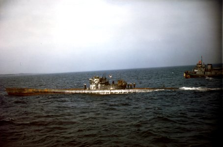 German submarine U-805 being escorted to Portsmouth Navy Yard in May 1945 photo