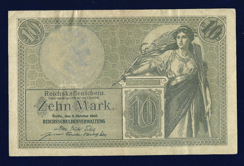 Germany 10 Mark 1906 Art Nouveau Banknote. Obverse