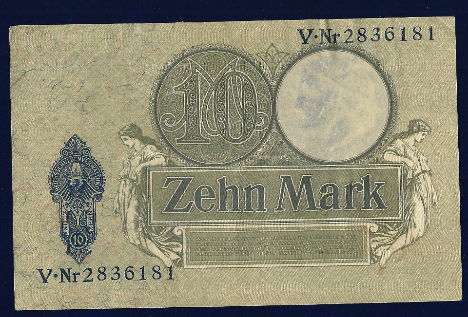 Germany 10 Mark 1906 Art Nouveau Banknote. Reverse