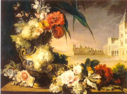 Gerro amb flors davant del Palau Reial de València, obra de Miquel Parra 1819