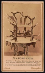 Elk-Horn Chair, presented to President Lincoln, Nov. 26, 1864, by Seth Kinman, the California hunter and trapper - Brady, Washington ; Brady's National Photographic Portrait Galleries No. LCCN2017659641