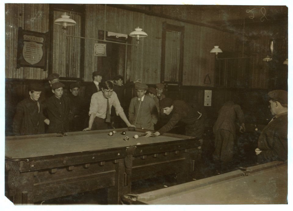 Elm Pool Room (inside)- Nathan Sher, 69 Walden St. William Donovan, Elm Pool Room. George, 28 Elm St. (youngest pin boy). Bill Simmons (manager). Frank Worcester, 28 Elm St. Alton Tripp, 31 LOC nclc.04778