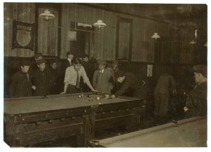 Elm Pool Room (inside)- Nathan Sher, 69 Walden St. William Donovan, Elm Pool Room. George, 28 Elm St. (youngest pin boy). Bill Simmons (manager). Frank Worcester, 28 Elm St. Alton Tripp, 31 LOC nclc.04778
