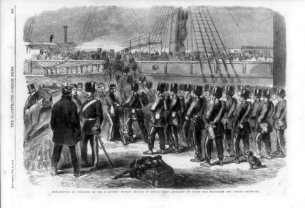Embarkation at Woolwich of the B Battery, Fourth Brigade of Royal Field Artillery on board the MELBOURNE for Canada LCCN2004672205