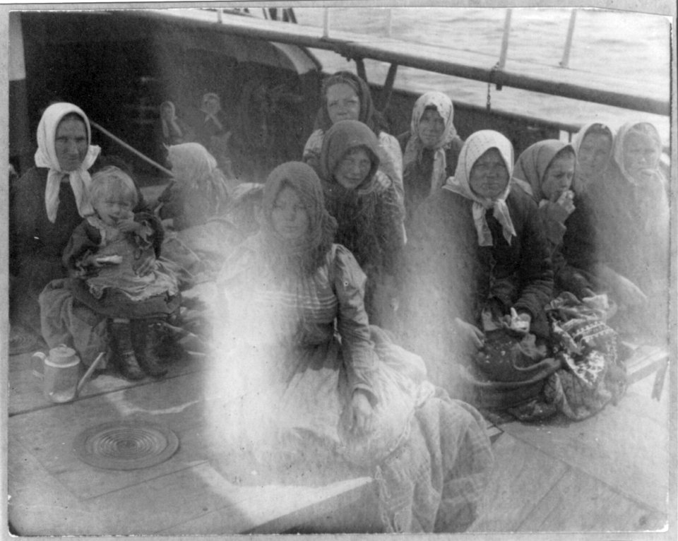 Emigrants from eastern Europe seated on deck of the U.S. AMSTERDAM LCCN2002708793