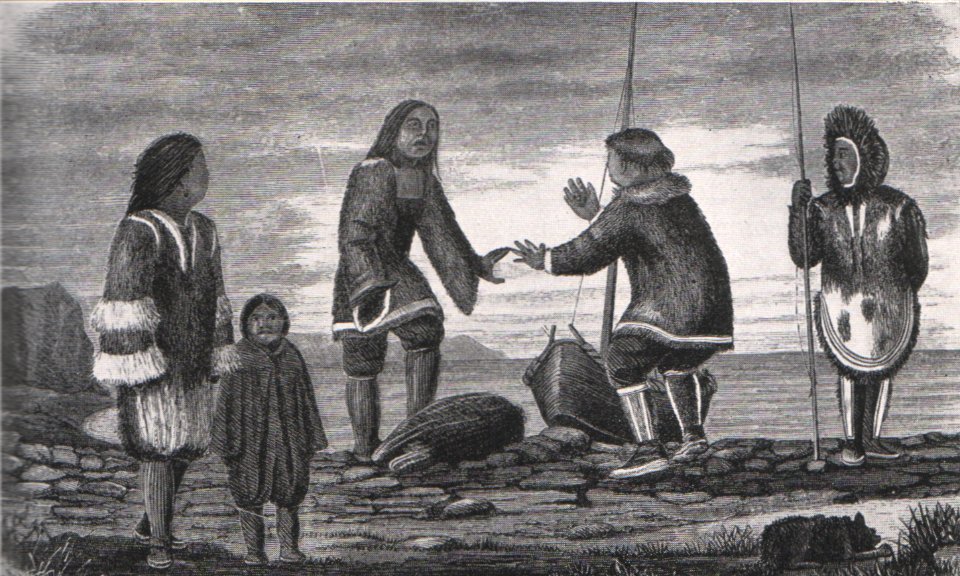 Emil Brass, Im Reiche der Pelze, Seite 159, Tschuktschen und Eskimos auf den Inseln der Behringstraße Felle austauschend