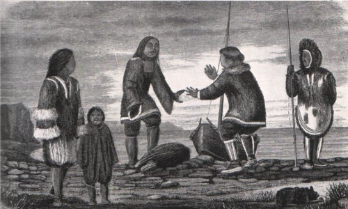 Emil Brass, Im Reiche der Pelze, Seite 159, Tschuktschen und Eskimos auf den Inseln der Behringstraße Felle austauschend