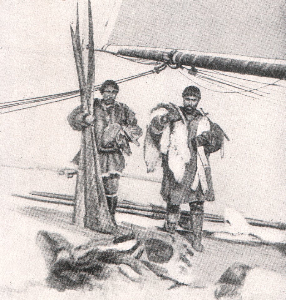 Emil Brass, Im Reiche der Pelze, Seite 203, Tschuktschen bringen ihre Tagesbeute zum Verkauf an Bord von Handelsschoonern in der St. Lawrence-Bucht (Behringstraße)