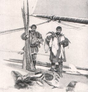 Emil Brass, Im Reiche der Pelze, Seite 203, Tschuktschen bringen ihre Tagesbeute zum Verkauf an Bord von Handelsschoonern in der St. Lawrence-Bucht (Behringstraße)