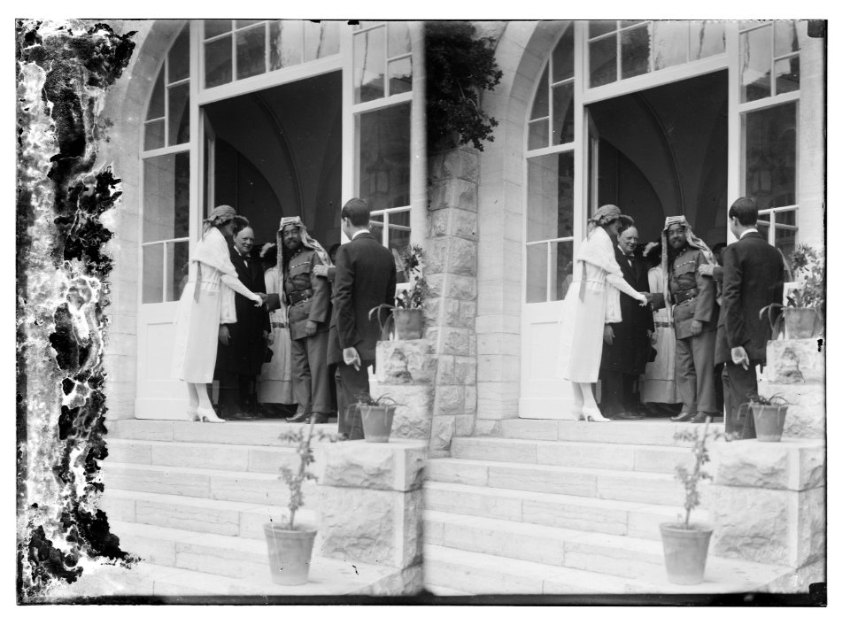 Emir Abdullah of Transjordan shaking hands with Mrs. Churchill, Winston Churchill standing next to Mrs. Churchill, Government House, Jerusalem LOC matpc.08805