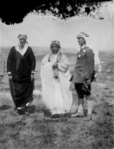 Emir Abdullah (center), Mr. John Whiting, and one of the Emir's staff. April, 1921 LOC matpc.08302
