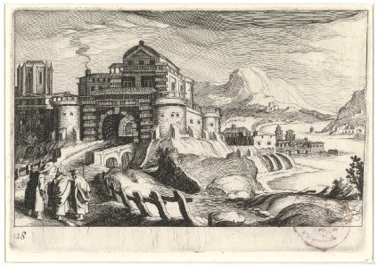 Emmäusgangers voor een stadspoort in een berglandschap Zuid-Europese landschappen (serietitel) Topographia variarum regionum (serietitel), RP-P-OB-52.321