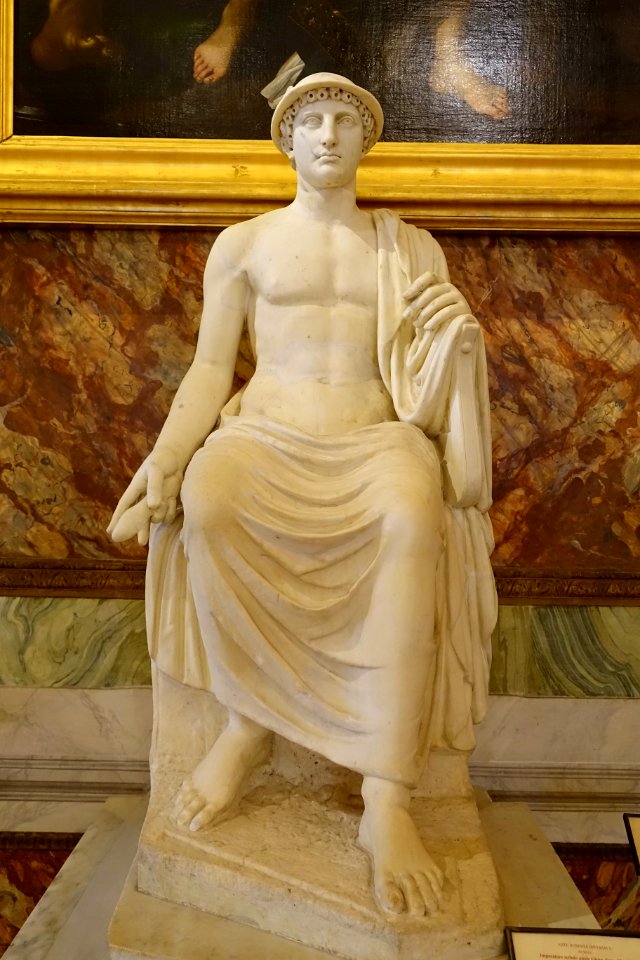 Emperor seated as Jupiter, perhaps Claudius, restored as Mercury, Roman, 40-50 AD, base 140-150 AD from sarcophagus with Nereids bearing arms of Achilles, marble - Galleria Borghese - Rome, Italy - DSC04905