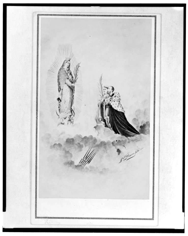 Empress Carlota and Emperor Maximilian kneel before Our Lady of Guadalupe, as bayonets pierce dark clouds below them LCCN2005688402