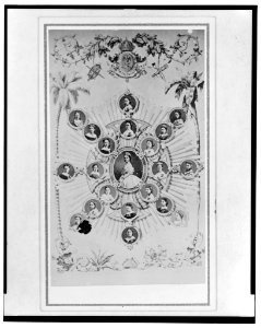 Empress Carlota of Mexico, half-length portrait in cameo, surrounded by other cameo portraits of women, bordered on the sides by palm trees, shrubbery at bottom, topped by coat of arms and LCCN2005688401