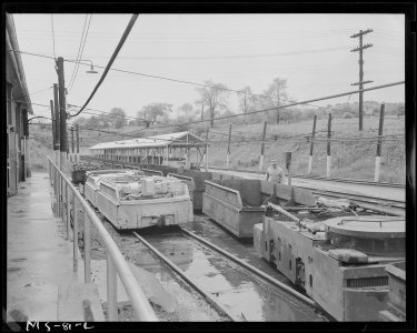 Empty shuttle coal cars. Pittsburgh Coal Company, Westland Mine, Westland, Washington County, Pennsylvania. - NARA - 540260 photo