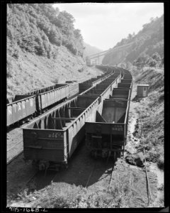 Empty coal cars for loading at tipple. Koppers Coal Division, Kopperston Mine, Kopperston, Wyoming County, West... - NARA - 540891