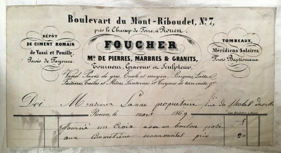 En-tête de facture de Foucher, marchand de pierres, marbres et granits à Rouen