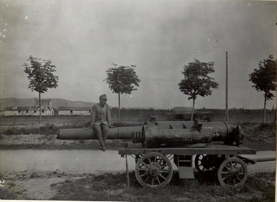Geschützrohr auf einem Wagen verladen. Monfalcone, Mai 1918. (BildID 15664817)