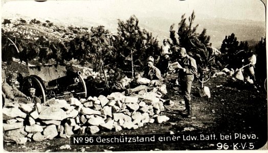 Geschützstand der Agramer Landwehr. Batterie 2-6 südlich Kote 747, östlich von Plava, am 1.1.1916. (BildID 15594775)