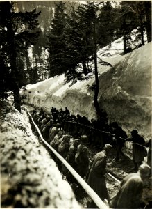 Geschütztransport am Prihat, im Hintergrund Rosskofel. (3-5.1917.) (BildID 15500477)