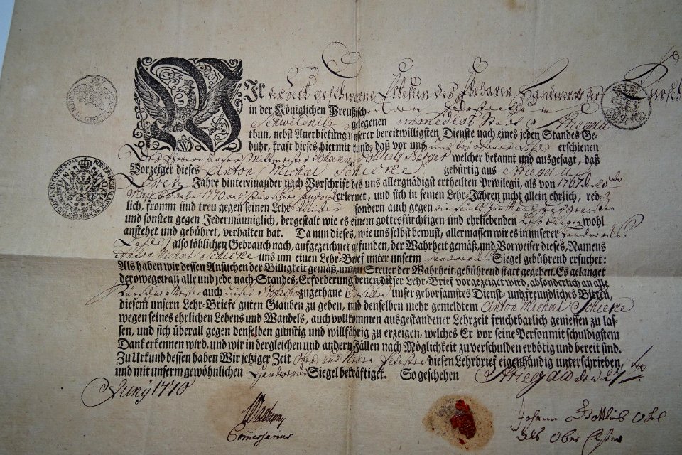Gesellenbrief eines Kürschners, Schweinitz in Preußen 1770 (Ausschnitt)