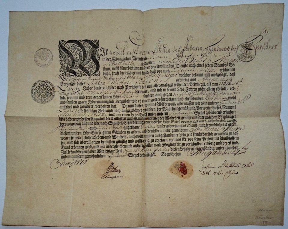 Gesellenbrief eines Kürschners, Schweinitz in Preußen 1770