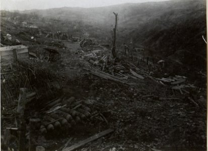 Gesprengte Geschütze und aufgeschlichtete Munition.S.Marco-Höhe. (Mitte April 1918.) (BildID 15664656)