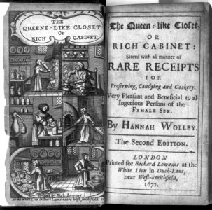 Engraved frontispiece showing 5 cooking scenes and title page of Hannah Wolley, The Queen-like Closet. 1672 LCCN2003674992