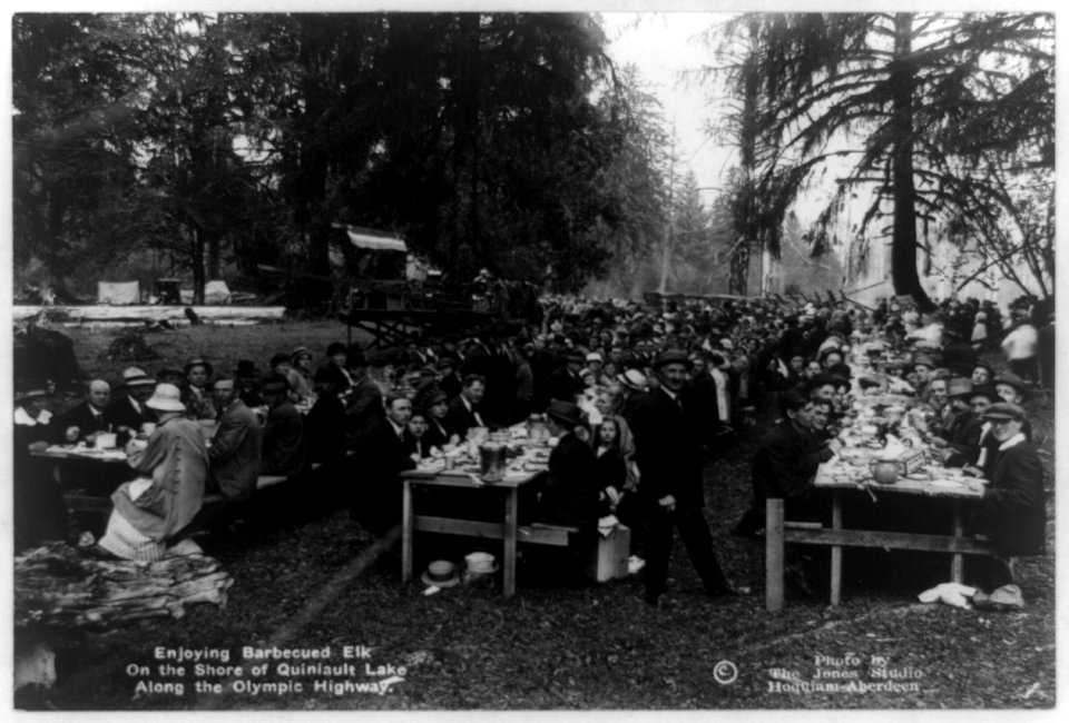 Enjoying barbecued elk on the shore of Quiniault Lake along the Olympic Highway - photo by the Jones Studio, Hoquiam-Aberdeen. LCCN96503001