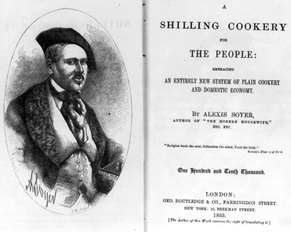 Engraved portrait of Alexis Soyer and title page of his A Shilling Cookery for the People. 1855 LCCN2003674999