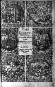 Engraved title page of Boccaccio's Decameron; 1620 English edition; illus. with 6 scenes LCCN2007677072