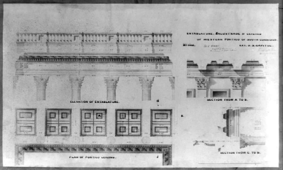 Entablature, balustrade, and ceiling of western portico of south corridor LCCN2002717712