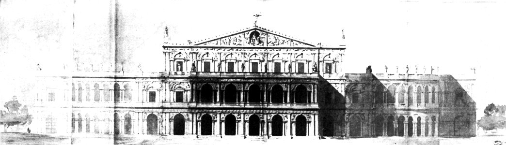 Entrance elevation of a project for the Théâtre Impériale de l'Opéra by Rohault de Fleury, November 1860 - Mead 1991 p59