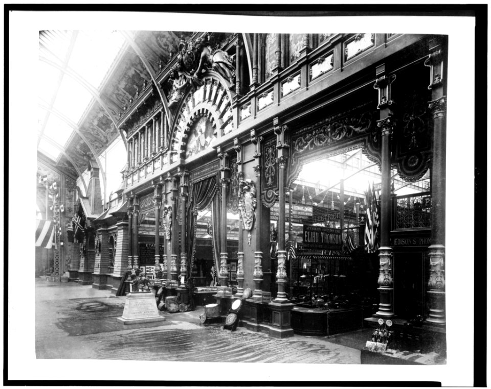 Entrance to the United States exhibit area in the Palace of Diverse Industries, featuring inventions by Thomas Edison and Elihu Thomson, Paris Exposition, 1889 LCCN92520504