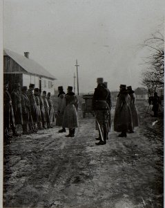 Erzherzog Karl übernimmt die Meldung der Offiziere des 10. Korpskommandos in Kopcze, Februar 1916 (BildID 15456283)