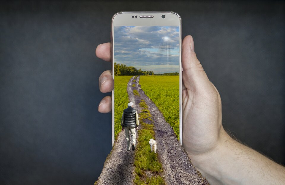 Walk man with dog mobile phone