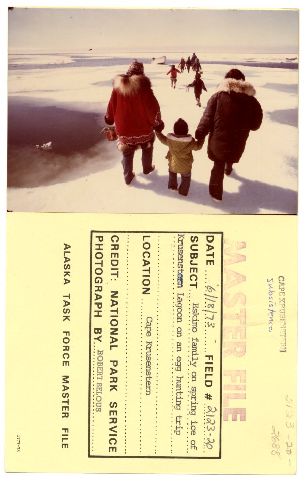 Eskimo family on spring ice of Krusenstern Lagoon on an egg hunting trip (33509512556)