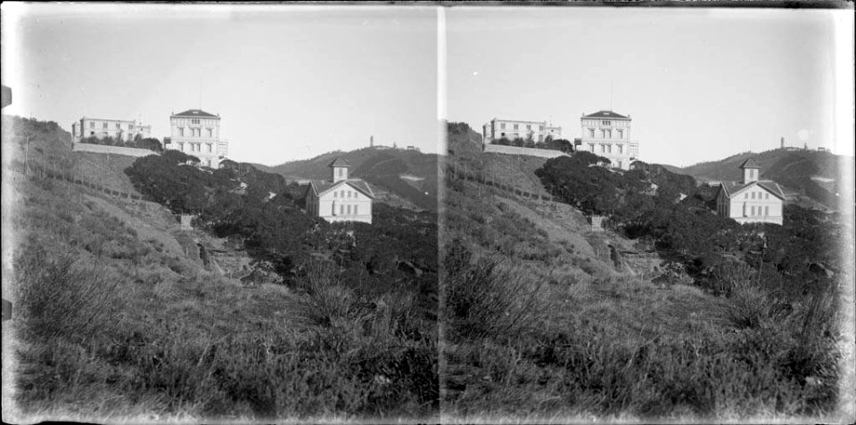 Estació del funicular i altres edificis en un vessant boscós de Vallvidrera