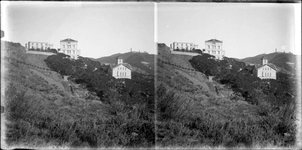 Estació del funicular i altres edificis en un vessant boscós de Vallvidrera