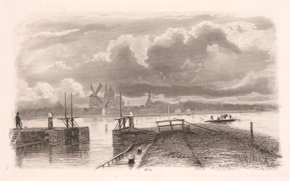 Gezicht op 's Hertogenbosch van de Sluis op de Zuid-Willemsvaart, 24 maart 1855 (Prent nr. 22 uit de serie De Waterramp van 1855) (naar E. Koster), objectnr A 13965