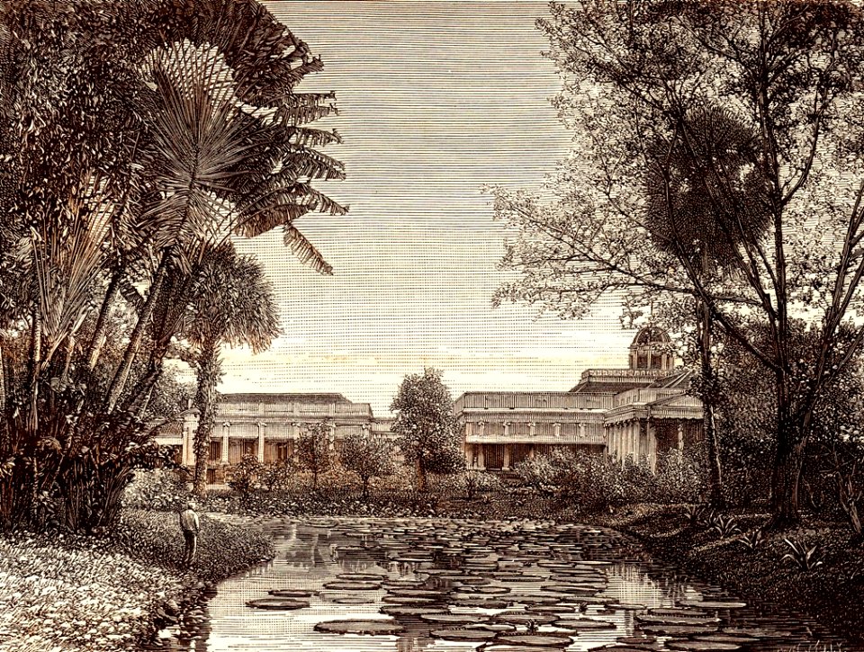 Gezicht op het paleis van de gouverneur generaal uit 's lands plantentuin te Buitenzorg